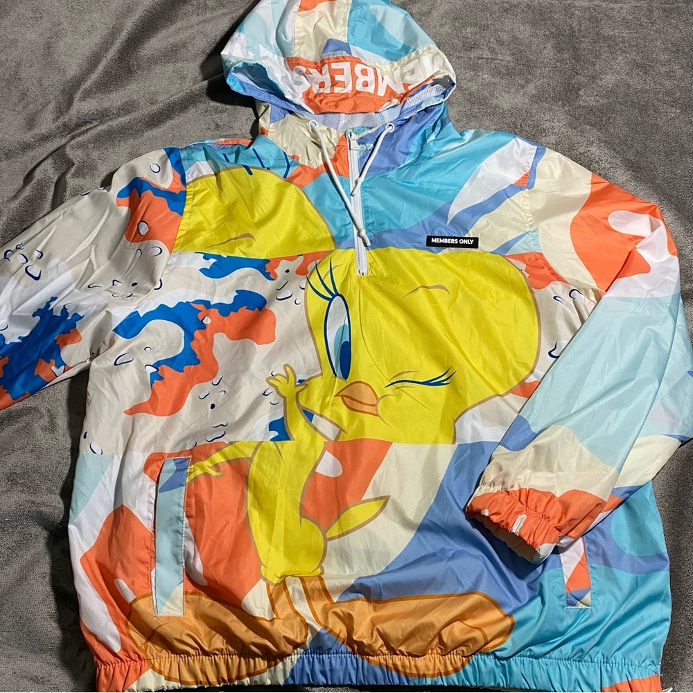 Members Only x Looney Tunes Tweety Bird AOP Camo Windbreaker Jacket Hoodie XL